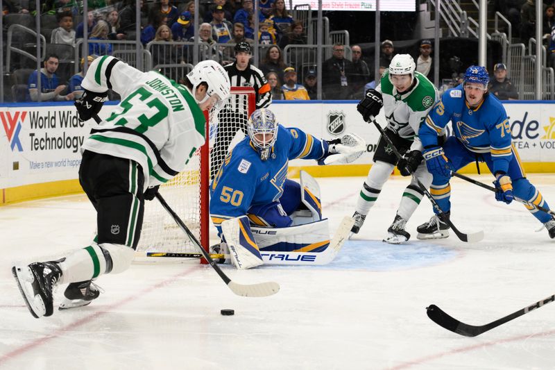 Jan 25, 2025; St. Louis, Missouri, USA; St. Louis Blues goaltender Jordan Binnington (50) and defenseman Tyler Tucker (75) defend the net from Dallas Stars center Wyatt Johnston (53) and left wing Jason Robertson (21) during the third period at Enterprise Center. Mandatory Credit: Jeff Le-Imagn Images