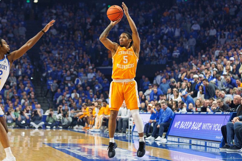 Feb 3, 2024; Lexington, Kentucky, USA; Tennessee Volunteers guard Zakai Zeigler (5) shoots the ball during the first half against the Kentucky Wildcats at Rupp Arena at Central Bank Center. Mandatory Credit: Jordan Prather-USA TODAY Sports