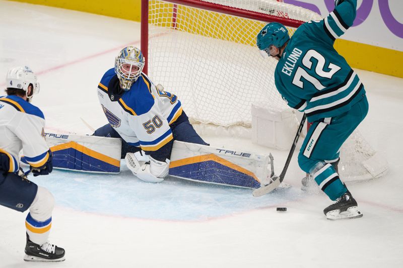 Nov 16, 2023; San Jose, California, USA; St. Louis Blues goaltender Jordan Binnington (50) does the splits to make a save against San Jose Sharks center William Eklund (72) during the third period at SAP Center at San Jose. Mandatory Credit: Robert Edwards-USA TODAY Sports