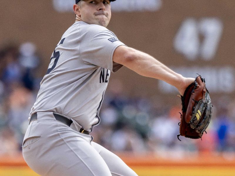 Aug 17, 2024; Detroit, Michigan, USA; New York Yankees starting pitcher Carlos Rodón (55) delivers in the first inning against the Detroit Tigers at Comerica Park. Mandatory Credit: David Reginek-USA TODAY Sports