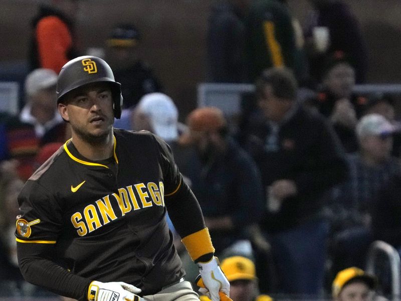 Mar 18, 2025; Scottsdale, Arizona, USA; San Diego Padres Jose Iglesias reacts after an at bat against the San Francisco Giants in the third inning at Scottsdale Stadium. Mandatory Credit: Rick Scuteri-Imagn Images