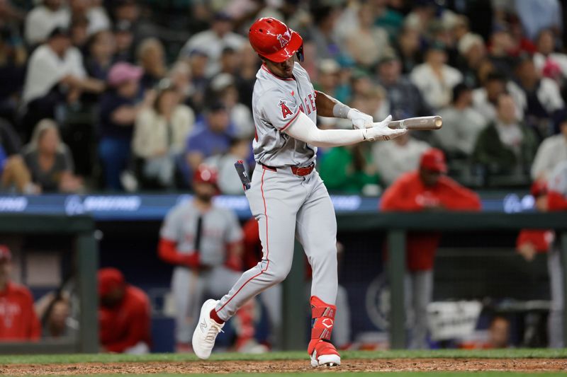 Jun 1, 2024; Seattle, Washington, USA; Los Angeles Angels second base Kyren Paris strikes out as a pinch hitting against the Seattle Mariners during the ninth inning at T-Mobile Park. Mandatory Credit: John Froschauer-USA TODAY Sports