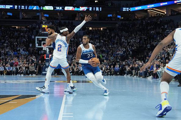 MINNEAPOLIS, MN -  NOVEMBER 28: Troy Brown Jr. #23 of the Minnesota Timberwolves drives to the basket during the game against the Oklahoma City Thunder during the In-Season Tournament on November 28, 2023 at Target Center in Minneapolis, Minnesota. NOTE TO USER: User expressly acknowledges and agrees that, by downloading and or using this Photograph, user is consenting to the terms and conditions of the Getty Images License Agreement. Mandatory Copyright Notice: Copyright 2023 NBAE (Photo by Jordan Johnson/NBAE via Getty Images)