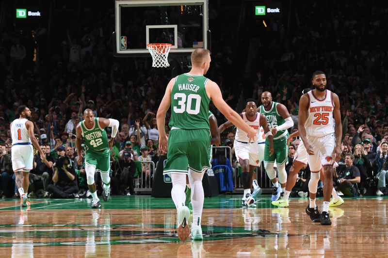 BOSTON, MA - OCTOBER 22: Sam Hauser #30 of the Boston Celtics celebrates during the game against the New York Knicks on October 22, 2024 at TD Garden in Boston, Massachusetts. NOTE TO USER: User expressly acknowledges and agrees that, by downloading and/or using this Photograph, user is consenting to the terms and conditions of the Getty Images License Agreement. Mandatory Copyright Notice: Copyright 2024 NBAE (Photo by Brian Babineau/NBAE via Getty Images)