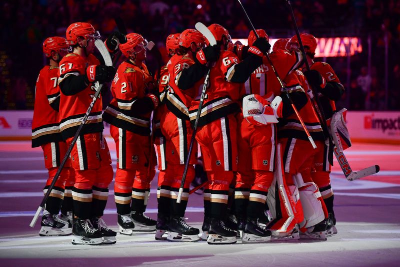 Apr 1, 2025; Anaheim, California, USA; Anaheim Ducks celebrate the victory against the San Jose Sharks following the shootout period at Honda Center. Mandatory Credit: Gary A. Vasquez-Imagn Images