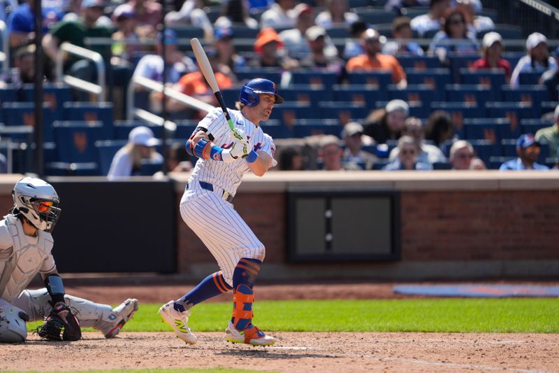 May 1, 2025; New York City, New York, USA; New York Mets second baseman Jeff McNeil (1) hits a single against the Arizona Diamondbacks during the seventh inning at Citi Field. Mandatory Credit: Gregory Fisher-Imagn Images