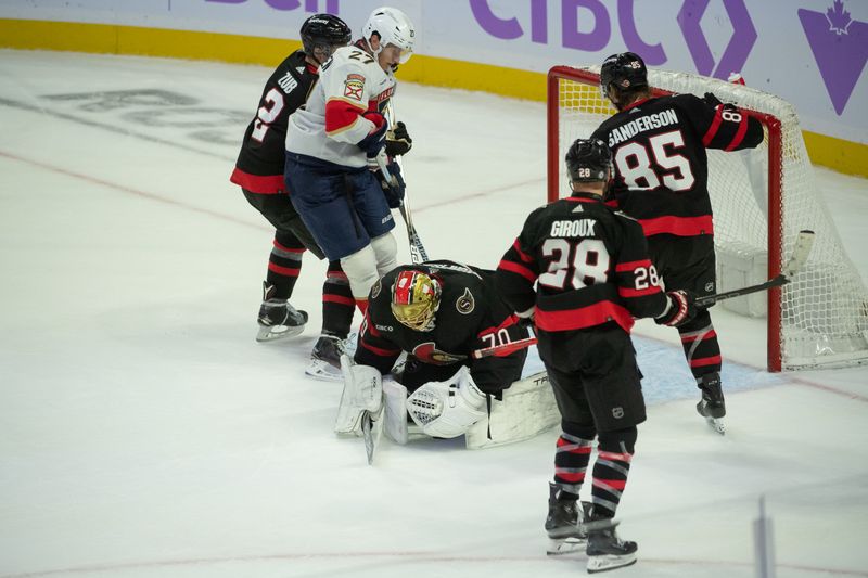 Nov 27 2023; Ottawa, Ontario, CAN; Ottawa Senators goalie Joonas Korpisalo (70) makes a save in front of Florida Panthers center Eetu Luostarinen (27) in the third period at the Canadian Tire Centre. Mandatory Credit: Marc DesRosiers-USA TODAY Sports