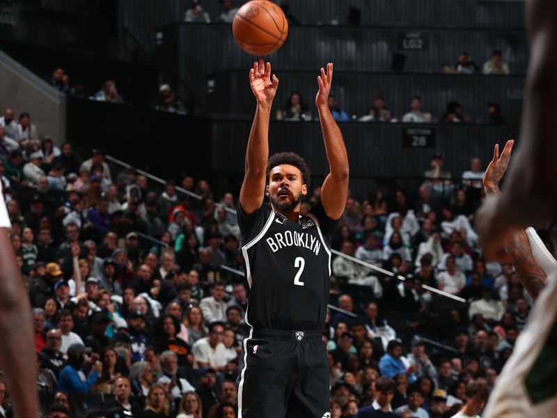 BROOKLYN, NY - OCTOBER 27: Cameron Johnson #2 of the Brooklyn Nets shoots a three point basket during the game against the Milwaukee Bucks on October 27, 2024 at Barclays Center in Brooklyn, New York. NOTE TO USER: User expressly acknowledges and agrees that, by downloading and or using this Photograph, user is consenting to the terms and conditions of the Getty Images License Agreement. Mandatory Copyright Notice: Copyright 2024 NBAE (Photo by David L. Nemec/NBAE via Getty Images)