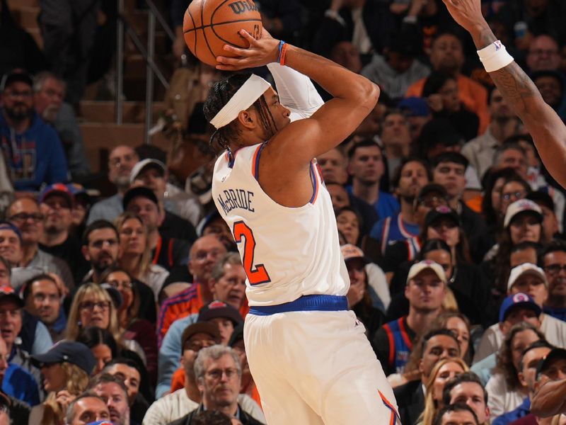 NEW YORK, NY - MAY 29:  Miles McBride #2 of the New York Knicks shoots the ball during the game against the Indiana Pacers during Game 5 of the 2025 Eastern Conference Finals  on May 29, 2025 at Madison Square Garden in New York City, New York.  NOTE TO USER: User expressly acknowledges and agrees that, by downloading and or using this photograph, User is consenting to the terms and conditions of the Getty Images License Agreement. Mandatory Copyright Notice: Copyright 2025 NBAE  (Photo by Jesse D. GarrabrantNBAE via Getty Images)