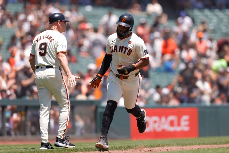 Jul 11, 2024; San Francisco, California, USA; San Francisco Giants outfielder Heliot Ramos (17) rounds the bases after hitting a two run home run during the first inning against the Toronto Blue Jays at Oracle Park. Mandatory Credit: Sergio Estrada-USA TODAY Sports