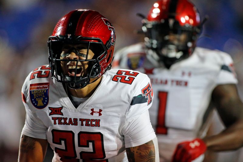 Dec 28, 2021; Memphis, TN, USA; Texas Tech Red Raiders defensive back Reggie Pearson Jr. (22) reacts after a defensive stop during the second half against the Mississippi State Bulldogs at Liberty Bowl Stadium. Mandatory Credit: Petre Thomas-USA TODAY Sports