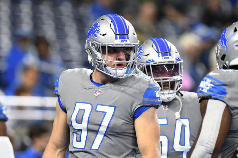 Detroit Lions defensive end Aidan Hutchinson is seen during pregame of an NFL football game against the Miami Dolphins, Sunday, Oct. 30, 2022, in Detroit. (AP Photo/Lon Horwedel)