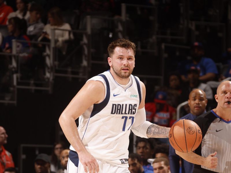 DETROIT, MI - MARCH 9: Luka Doncic #77 of the Dallas Mavericks dribbles the ball during the game against the Detroit Pistons on March 9, 2024 at Little Caesars Arena in Detroit, Michigan. NOTE TO USER: User expressly acknowledges and agrees that, by downloading and/or using this photograph, User is consenting to the terms and conditions of the Getty Images License Agreement. Mandatory Copyright Notice: Copyright 2024 NBAE (Photo by Brian Sevald/NBAE via Getty Images)