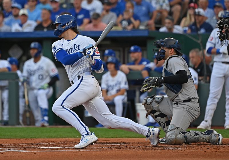 Jun 11, 2024; Kansas City, Missouri, USA; Kansas City Royals shortstop Bobby Witt Jr. (7) doubles against the New York Yankees in the first inning at Kauffman Stadium. Mandatory Credit: Peter Aiken-USA TODAY Sports