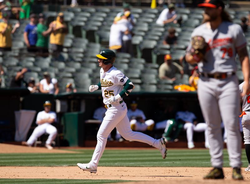 Aug 20, 2023; Oakland, California, USA; Oakland Athletics right fielder Brent Rooker (25) runs out a solo home run against Baltimore Orioles pitcher Nick Vespi (79) during the seventh inning at Oakland-Alameda County Coliseum. Mandatory Credit: D. Ross Cameron-USA TODAY Sports