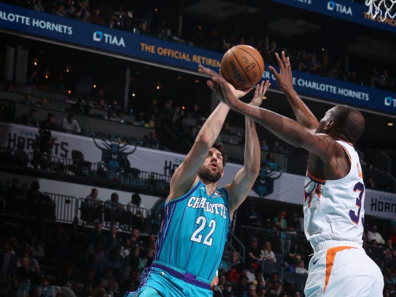 CHARLOTTE, NC - MARCH 15:  Vasilije Micic #22 of the Charlotte Hornets shoots the ball during the game on March 15, 2024 at Spectrum Center in Charlotte, North Carolina. NOTE TO USER: User expressly acknowledges and agrees that, by downloading and or using this photograph, User is consenting to the terms and conditions of the Getty Images License Agreement.  Mandatory Copyright Notice:  Copyright 2024 NBAE (Photo by Nathaniel S. Butler/NBAE via Getty Images)