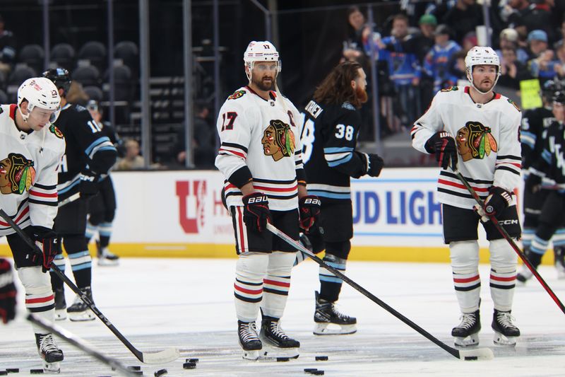 Feb 25, 2025; Salt Lake City, Utah, USA; Chicago Blackhawks left wing Nick Foligno (17) warms up before a game against the Utah Hockey Club at Delta Center. Mandatory Credit: Rob Gray-Imagn Images