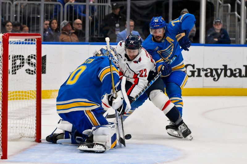 Nov 9, 2024; St. Louis, Missouri, USA;  Washington Capitals defenseman Alexander Alexeyev (27) shoots as St. Louis Blues goaltender Jordan Binnington (50) and defenseman Justin Faulk (72) defend the net during the first period at Enterprise Center. Mandatory Credit: Jeff Curry-Imagn Images