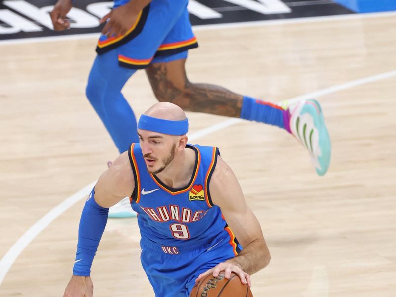 OKLAHOMA CITY, OK - JUNE 8: Alex Caruso #9 of the Oklahoma City Thunder dribbles the ball during the game against the Indiana Pacers during Game 2 of the 2025 NBA Finals on June 8, 2025 at Paycom Center in Oklahoma City, Oklahoma. NOTE TO USER: User expressly acknowledges and agrees that, by downloading and or using this photograph, User is consenting to the terms and conditions of the Getty Images License Agreement. Mandatory Copyright Notice: Copyright 2025 NBAE (Photo by Joe Murphy/NBAE via Getty Images)