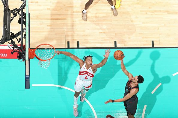 WASHINGTON, DC -? DECEMBER 27: Scottie Barnes #4 of the Toronto Raptors plays defense during the game against the Washington Wizards on December 27, 2023 at Capital One Arena in Washington, DC. NOTE TO USER: User expressly acknowledges and agrees that, by downloading and or using this Photograph, user is consenting to the terms and conditions of the Getty Images License Agreement. Mandatory Copyright Notice: Copyright 2023 NBAE (Photo by Stephen Gosling/NBAE via Getty Images)