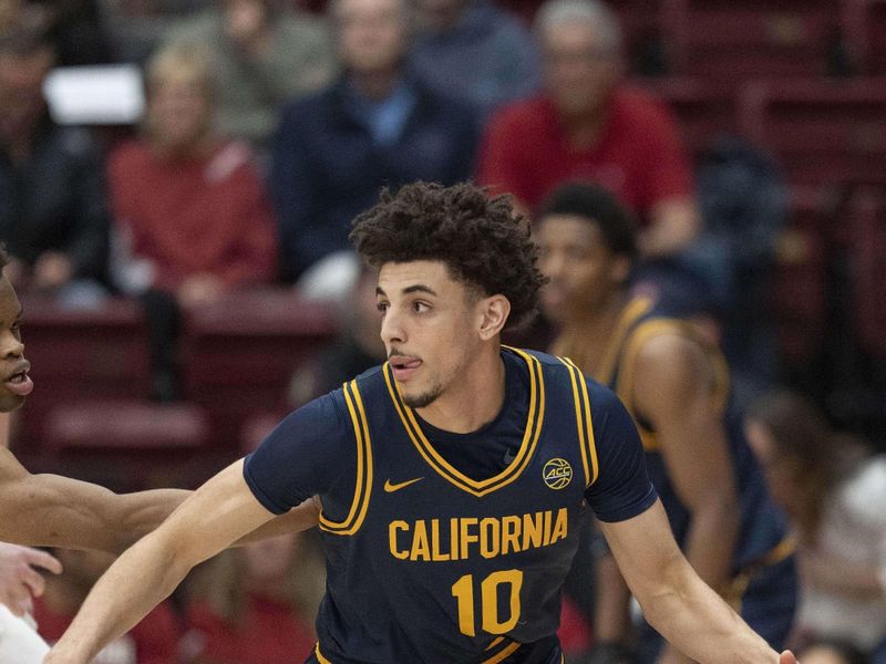 Jan 24, 2026; Stanford, California, USA;  California Golden Bears guard Justin Pippen (10) controls the ball during the first half against then Stanford Cardinal at Maples Pavilion. Mandatory Credit: Stan Szeto-Imagn Images