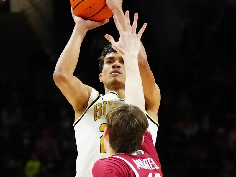 Feb 5, 2023; Boulder, Colorado, USA; Colorado Buffaloes forward Tristan da Silva (23) shoots the ball over Stanford Cardinal forward Max Murrell (10) the first half at the CU Events Center. Mandatory Credit: Ron Chenoy-USA TODAY Sports