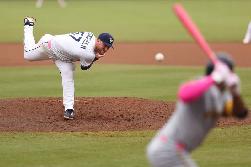 May 11, 2025; Tampa, Florida, USA; Tampa Bay Rays starting pitcher Drew Rasmussen (57) throws a pitch against the Milwaukee Brewers in the fourth inning at George M. Steinbrenner Field. Mandatory Credit: Nathan Ray Seebeck-Imagn Images