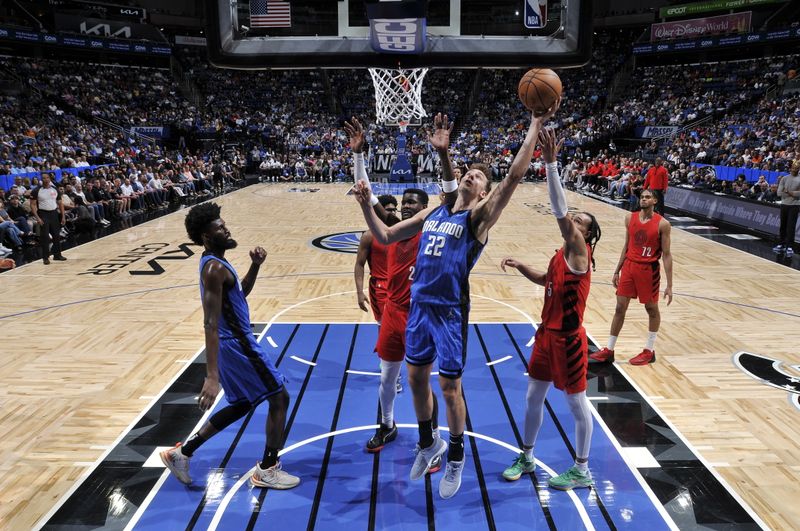 ORLANDO, FL - APRIL 1: Franz Wagner #22 of the Orlando Magic drives to the basket during the game against the Portland Trail Blazers on April 1, 2024 at Kia Center in Orlando, Florida. NOTE TO USER: User expressly acknowledges and agrees that, by downloading and or using this photograph, User is consenting to the terms and conditions of the Getty Images License Agreement. Mandatory Copyright Notice: Copyright 2024 NBAE (Photo by Fernando Medina/NBAE via Getty Images)