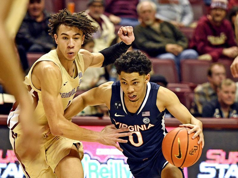 Jan 14, 2023; Tallahassee, Florida, USA; Virginia Cavaliers guard Kihei Clark (0) drives to the net past Florida State Seminoles guard Jalen Warley (1) during the first half at Donald L. Tucker Center. Mandatory Credit: Melina Myers-USA TODAY Sports