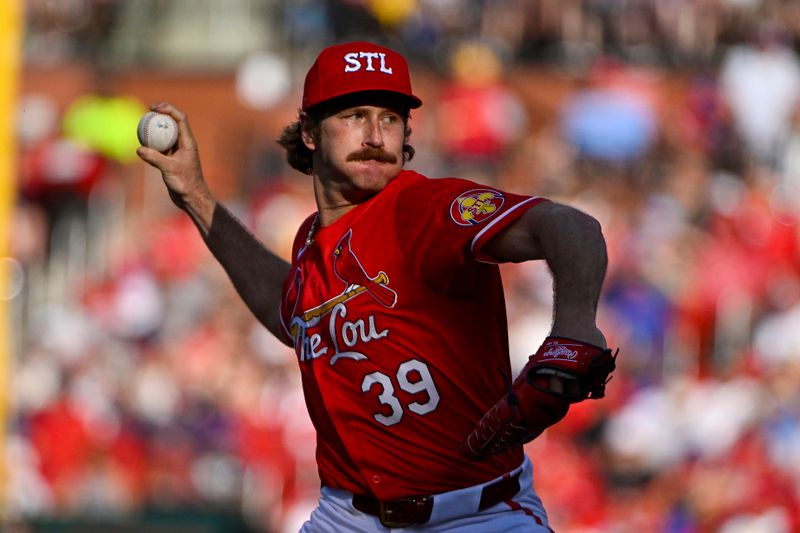 May 25, 2024; St. Louis, Missouri, USA;  St. Louis Cardinals starting pitcher Miles Mikolas (39) pitches against the Chicago Cubs during the first inning at Busch Stadium. Mandatory Credit: Jeff Curry-USA TODAY Sports