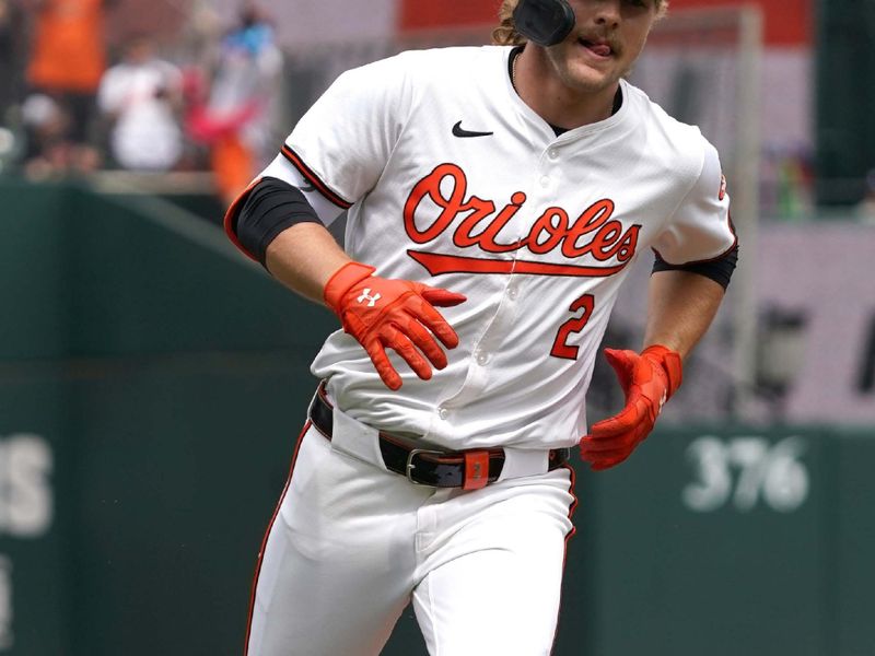 Apr 17, 2024; Baltimore, Maryland, USA; Baltimore Orioles shortstop Gunnar Henderson (2) rounds the bases following his solo home run in the first inning against the Minnesota Twins at Oriole Park at Camden Yards. Mandatory Credit: Mitch Stringer-USA TODAY Sports