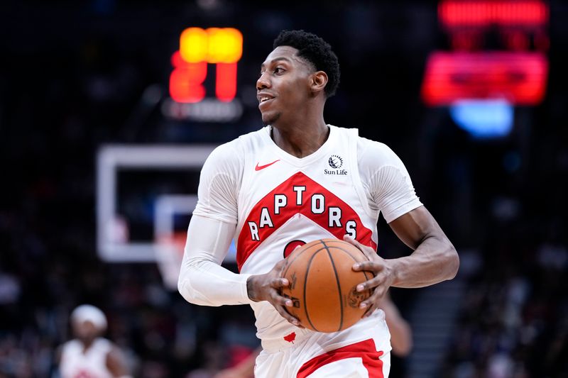 TORONTO, ON - JANUARY 6: RJ Barrett #9 of the Toronto Raptors moves the ball against the Milwaukee Bucks at the Scotiabank Arena on January 6, 2025 in Toronto, Ontario, Canada. NOTE TO USER: User expressly acknowledges and agrees that, by downloading and/or using this Photograph, user is consenting to the terms and conditions of the Getty Images License Agreement. (Photo by Kevin Sousa/Getty Images)