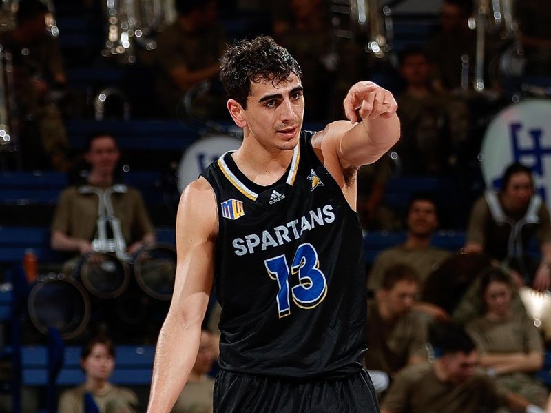 Mar 4, 2023; Colorado Springs, Colorado, USA; San Jose State Spartans guard Alvaro Cardenas (13) gestures in the first half against the Air Force Falcons at Clune Arena. Mandatory Credit: Isaiah J. Downing-USA TODAY Sports