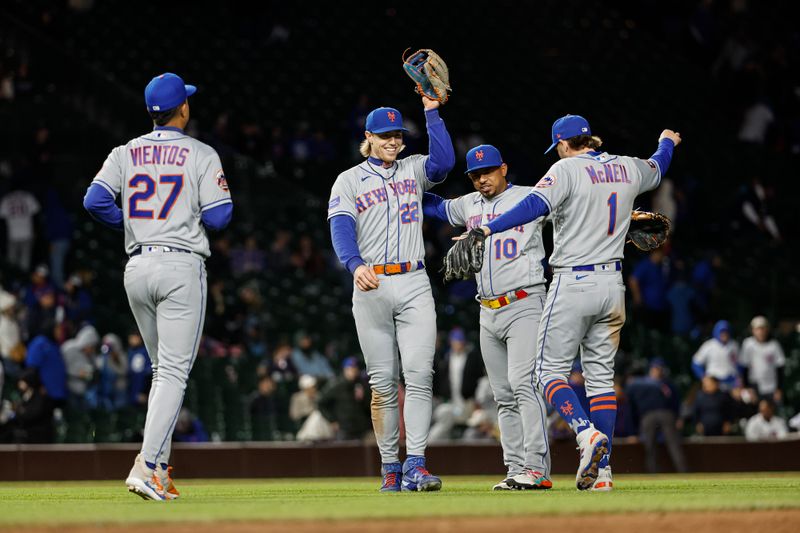 May 25, 2023; Chicago, Illinois, USA; New York Mets players celebrate after defeating the Chicago Cubs at Wrigley Field. Mandatory Credit: Kamil Krzaczynski-USA TODAY Sports