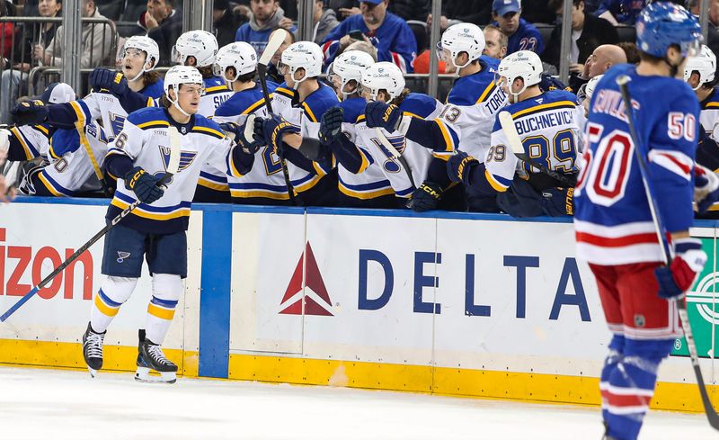 Nov 25, 2024; New York, New York, USA; St. Louis Blues center Zack Bolduc (76) celebrates his goal during the second period against the New York Rangers at Madison Square Garden. Mandatory Credit: Danny Wild-Imagn Images