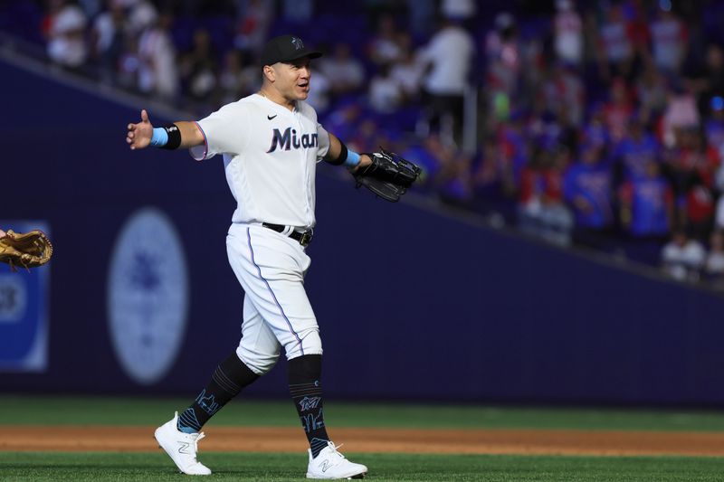 Jul 30, 2023; Miami, Florida, USA; Miami Marlins right fielder Avisail Garcia (24) celebrates after defeating the Detroit Tigers at loanDepot Park. Mandatory Credit: Sam Navarro-USA TODAY Sports