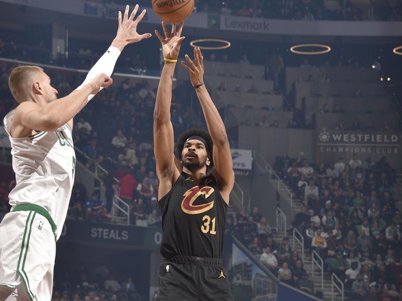 CLEVELAND, OH - MARCH 5: Jarrett Allen #31 of the Cleveland Cavaliers shoots the ball during the game against the Boston Celtics on March 5, 2024 at Rocket Mortgage FieldHouse in Cleveland, Ohio. NOTE TO USER: User expressly acknowledges and agrees that, by downloading and/or using this Photograph, user is consenting to the terms and conditions of the Getty Images License Agreement. Mandatory Copyright Notice: Copyright 2024 NBAE (Photo by David Liam Kyle/NBAE via Getty Images)