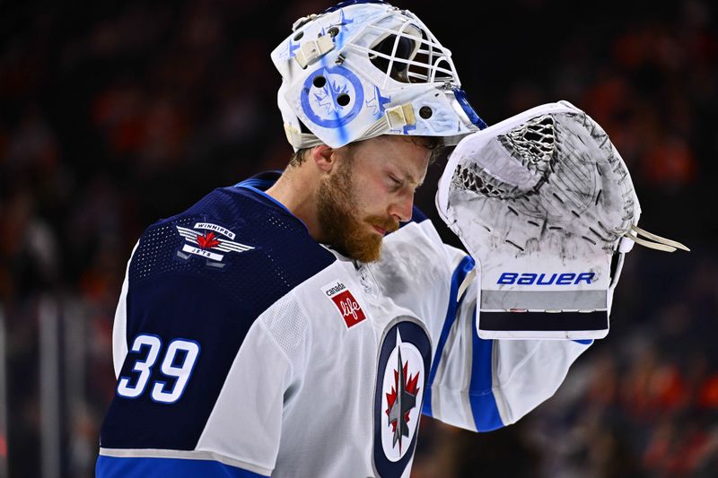 Feb 8, 2024; Philadelphia, Pennsylvania, USA; Winnipeg Jets goalie Laurent Brossoit (39) reacts against the Philadelphia Flyers in the third period at Wells Fargo Center. Mandatory Credit: Kyle Ross-USA TODAY Sports