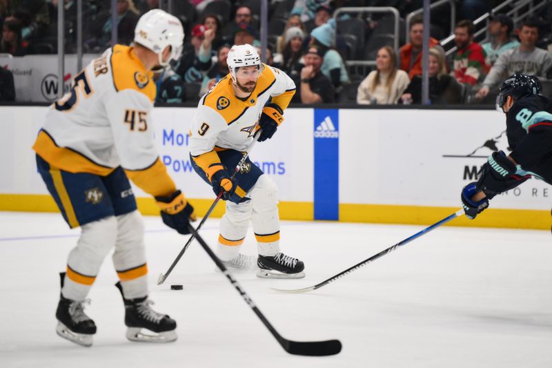 Mar 16, 2024; Seattle, Washington, USA; Nashville Predators left wing Filip Forsberg (9) advances the puck against the Seattle Kraken during the third period at Climate Pledge Arena. Mandatory Credit: Steven Bisig-USA TODAY Sports