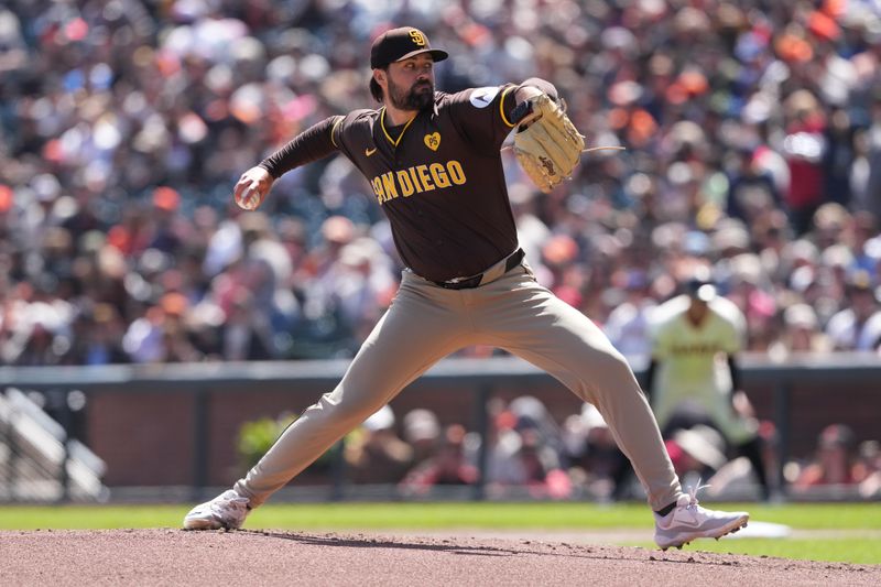 Apr 7, 2024; San Francisco, California, USA; San Diego Padres starting pitcher Matt Waldron (61) throws a pitch against the San Francisco Giants during the first inning at Oracle Park. Mandatory Credit: Darren Yamashita-USA TODAY Sports