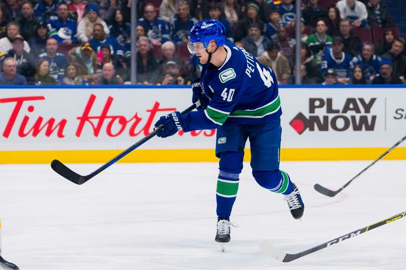 Jan 24, 2024; Vancouver, British Columbia, CAN; Vancouver Canucks forward Elias Pettersson (40) shoots against the St. Louis Blues in the third period at Rogers Arena. Blues 4-3 in overtime. Mandatory Credit: Bob Frid-USA TODAY Sports