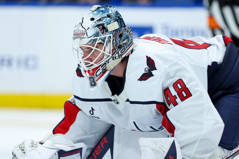 Nov 8, 2025; Tampa, Florida, USA; Washington Capitals goaltender Logan Thompson (48) looks on against the Tampa Bay Lightning in the third period at Benchmark International Arena. Mandatory Credit: Nathan Ray Seebeck-Imagn Images