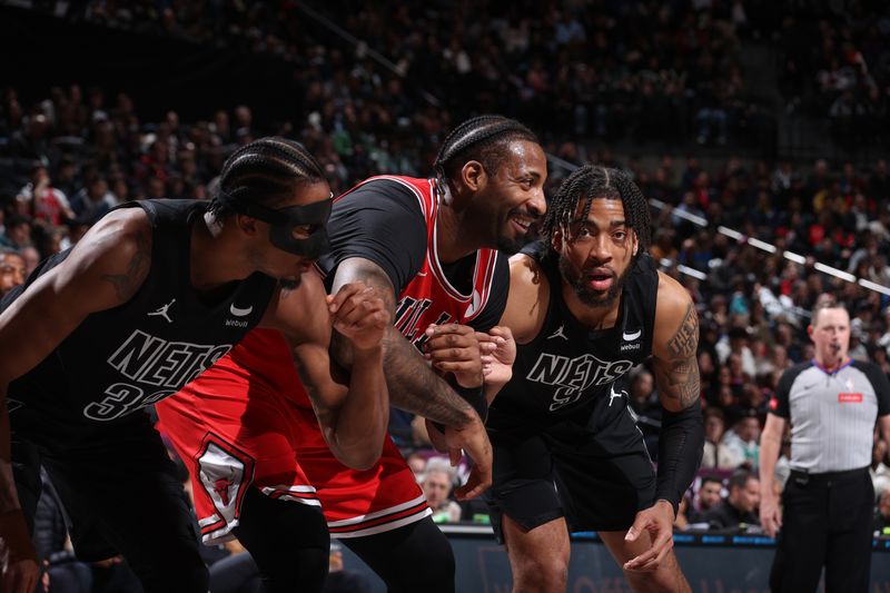 BROOKLYN, NY - MARCH 29: Andre Drummond #3 of the Chicago Bulls smiles during the game against the Brooklyn Nets on March 29, 2024 at Barclays Center in Brooklyn, New York. NOTE TO USER: User expressly acknowledges and agrees that, by downloading and or using this Photograph, user is consenting to the terms and conditions of the Getty Images License Agreement. Mandatory Copyright Notice: Copyright 2024 NBAE (Photo by Nathaniel S. Butler/NBAE via Getty Images)