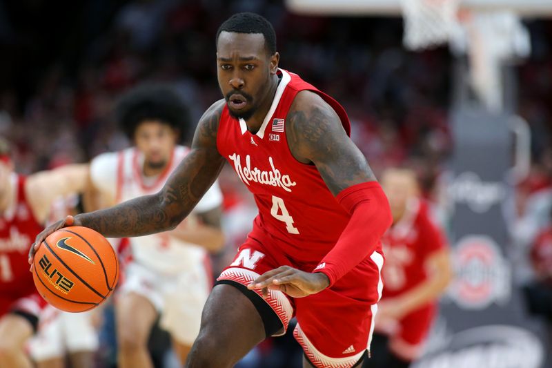 Feb 29, 2024; Columbus, Ohio, USA;  Nebraska Cornhuskers forward Juwan Gary (4) controls the ball during the first half against the Ohio State Buckeyes at Value City Arena. Mandatory Credit: Joseph Maiorana-USA TODAY Sports