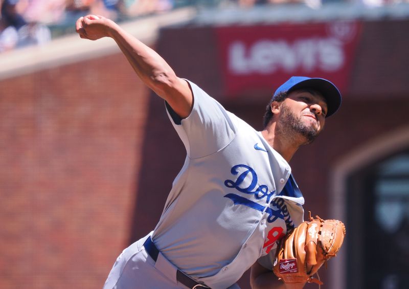 Jun 30, 2024; San Francisco, California, USA; Los Angeles Dodgers relief pitcher Michael Peterson (90) pitches the ball against the San Francisco Giants during the fifth inning at Oracle Park. Mandatory Credit: Kelley L Cox-USA TODAY Sports