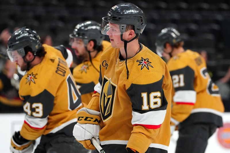 Mar 19, 2024; Las Vegas, Nevada, USA; Vegas Golden Knights left wing Pavel Dorofeyev (16) warms up before the start of a game against the Tampa Bay Lighting at T-Mobile Arena. Mandatory Credit: Stephen R. Sylvanie-USA TODAY Sports