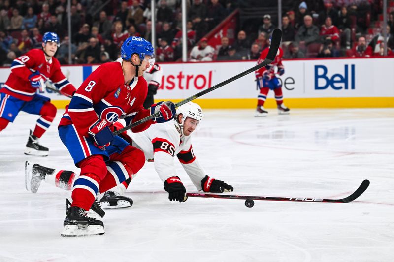 Oct 12, 2024; Montreal, Quebec, CAN; Ottawa Senators defenseman Jake Sanderson (85) chases the puck against Montreal Canadiens defenseman Mike Matheson (8) during the third period at Bell Centre. Mandatory Credit: David Kirouac-Imagn Images