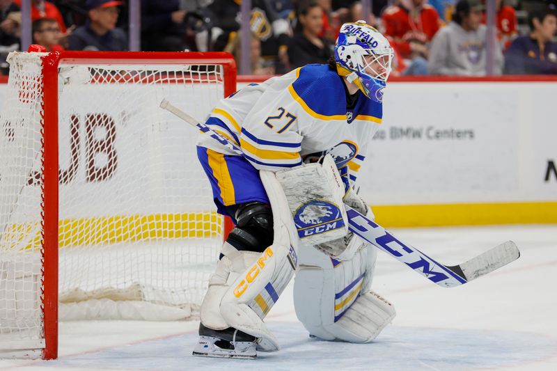 Apr 4, 2023; Sunrise, Florida, USA; Buffalo Sabres goaltender Devon Levi (27) defends his net during the second period against the Florida Panthers at FLA Live Arena. Mandatory Credit: Sam Navarro-USA TODAY Sports