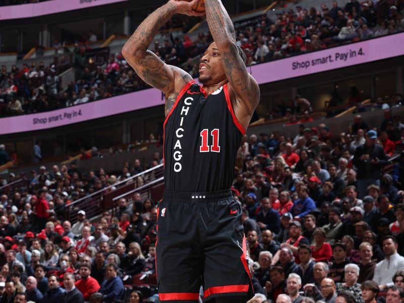 CHICAGO, IL - JANUARY 30: DeMar DeRozan #11 of the Chicago Bulls shoots a three point basket during the game against the Toronto Raptors on January 30, 2024 at United Center in Chicago, Illinois. NOTE TO USER: User expressly acknowledges and agrees that, by downloading and or using this photograph, User is consenting to the terms and conditions of the Getty Images License Agreement. Mandatory Copyright Notice: Copyright 2024 NBAE (Photo by Jeff Haynes/NBAE via Getty Images)