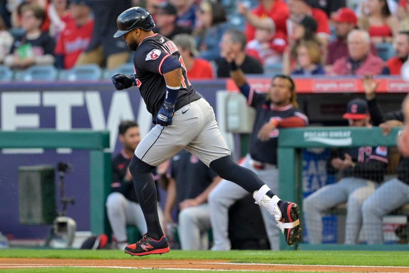 Apr 5, 2025; Anaheim, California, USA;  Cleveland Guardians first baseman Carlos Santana (41) rounds the bases on a solo home run in the first inning against the Los Angeles Angels at Angel Stadium. Mandatory Credit: Jayne Kamin-Oncea-Imagn Images